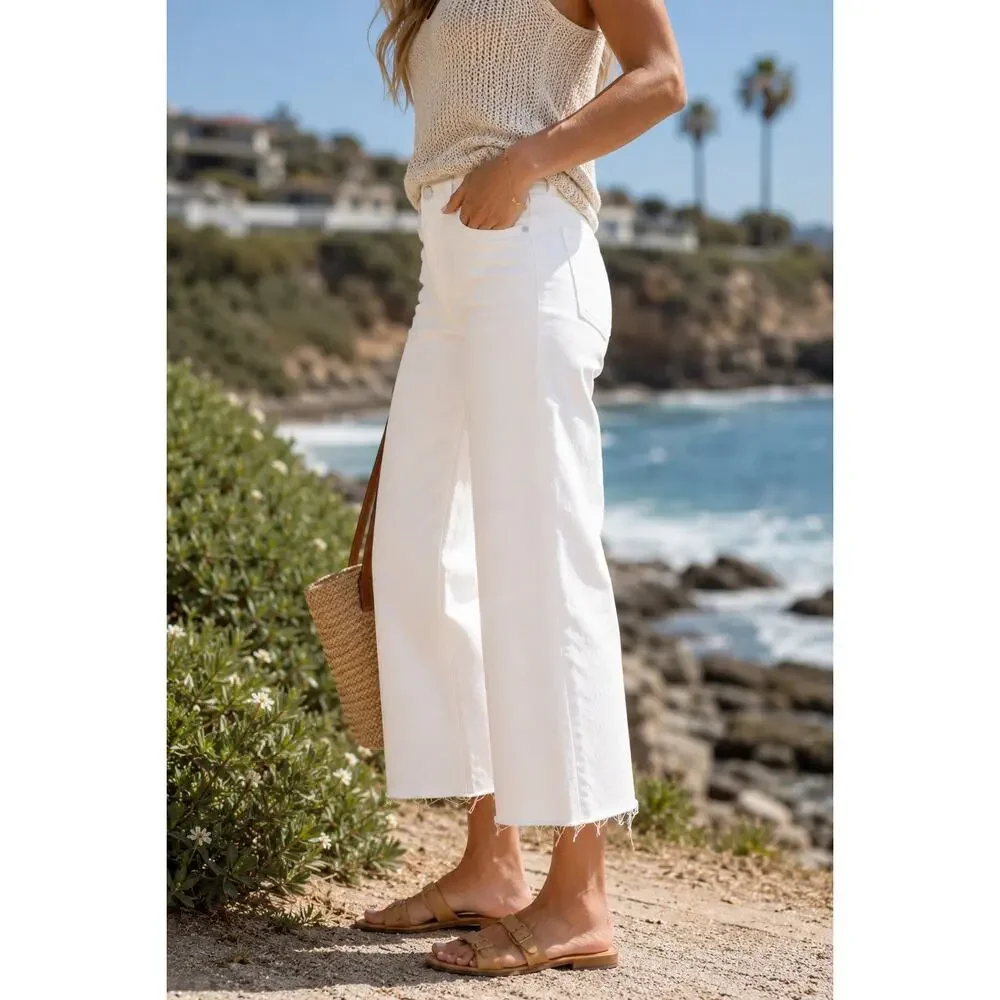 New J.Crew Wide Leg Crop White Denim Jeans Frayed Hem High Rise Capsule Size 30